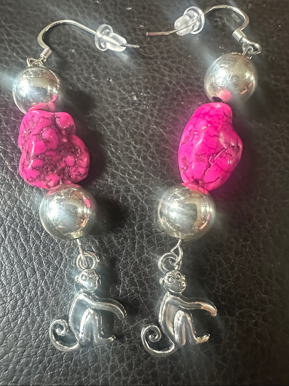 Silver Monkey Dangle Earrings with Hot Pink Howlite Stone Beads